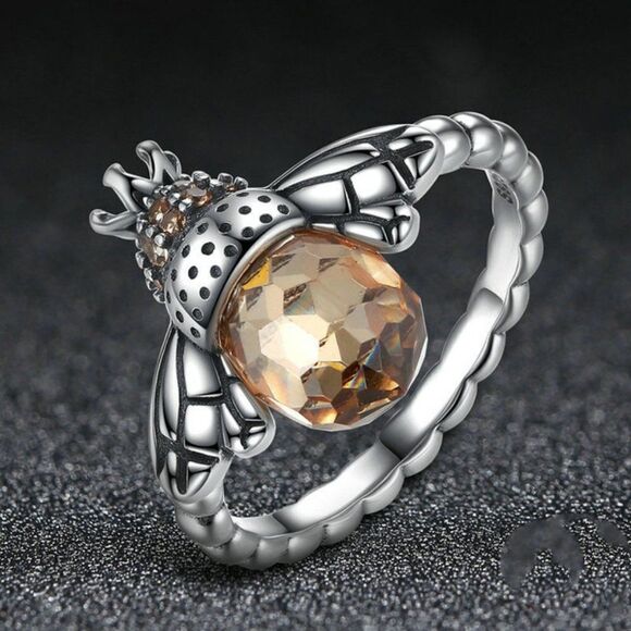 Ring Bumblebee Faceted Amber Colored Cubic Zirconia with Pave' Accents Stones - Picture 6 of 9